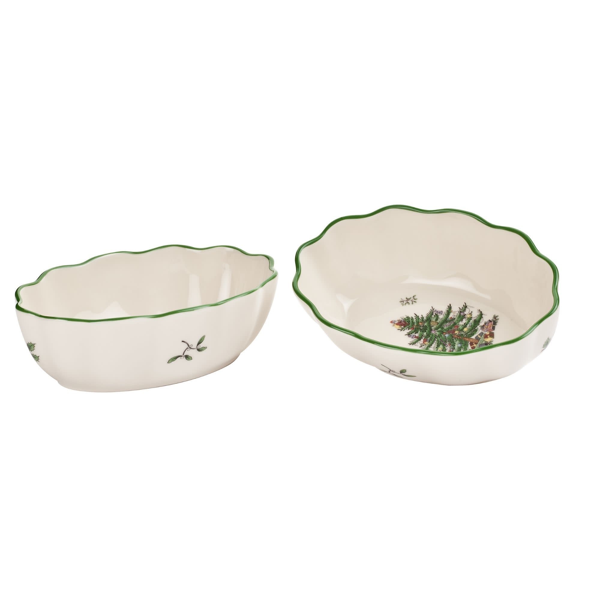 Spode Christmas Tree 6" Oval Fluted Dish (Set of 2), Porcelain Decorative Holiday Serving Platter & Festive Appetizer Dish - Dishwasher Safe