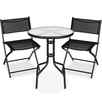 Best Choice Products 3-Piece Patio Bistro Dining Furniture Set w/ Round Textured Glass Tabletop, Folding Chairs