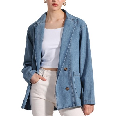 Allegra K Women's Long Sleeve Notched Lapel Button Up Pockets Work Office Denim Jacket