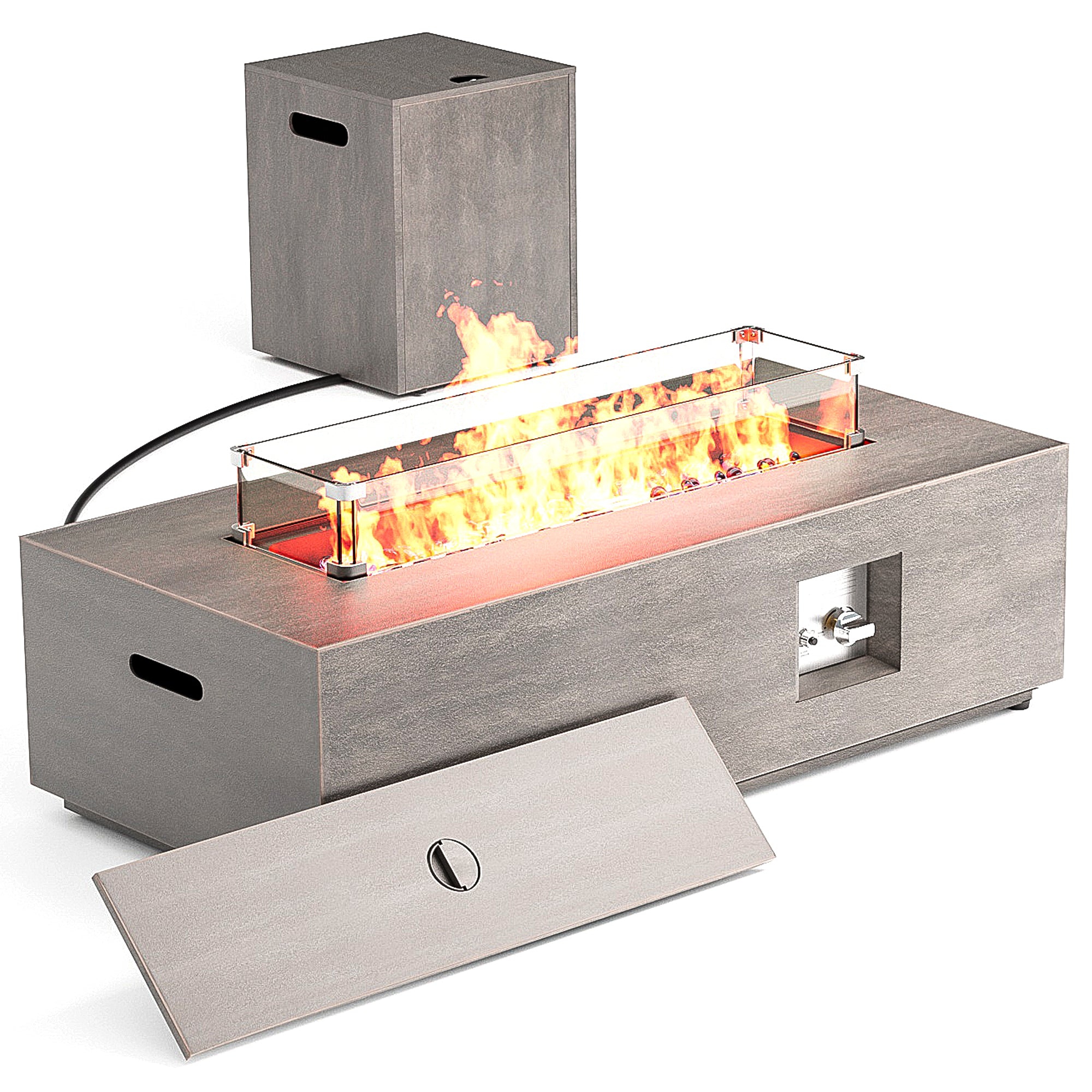 Evita Outdoor Fire Pit Table, 50,000 BTU Gas Fire Pit with Propane Tank, Windshield, Glass Stone and Rain Cover- 42*20*12 Inch, Brown