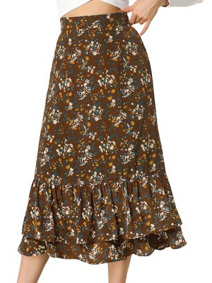 INSPIRE CHIC Women's Chiffon Elastic Waist Ruffle Tiered Flowy Midi Floral Printed Skirts