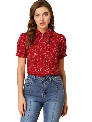 INSPIRE CHIC Women's Retro Dots Print Bow Tie Peter Pan Collar Chiffon Blouse