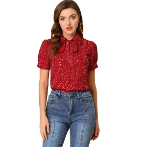 INSPIRE CHIC Women's Retro Dots Print Bow Tie Peter Pan Collar Chiffon Blouse - 1 of 4