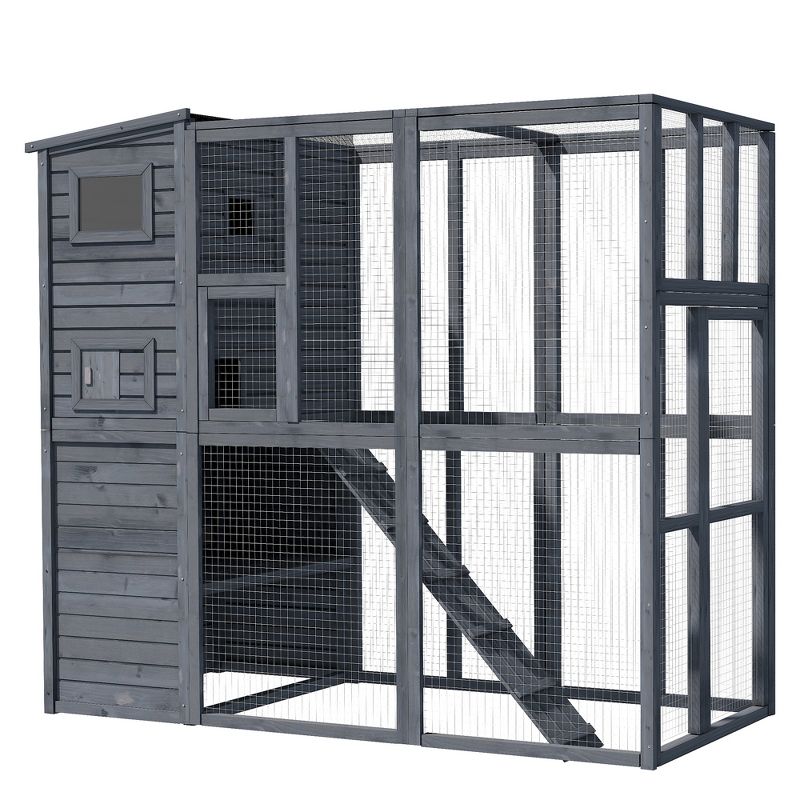 PawHut Large Wooden Outdoor Cat House Kitten Enclosure with Large Run, Asphalt Roof, Catio for Lounging, and Condo Area for Sleeping - 77"L, Grey, 4 of 9