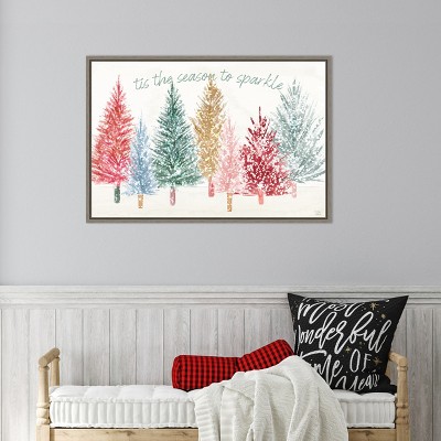 Holiday Sparkle Christmas Trees Canvas Wall Art in Grey Frame