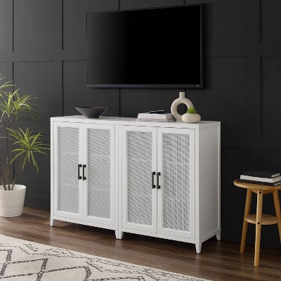 White Freestanding Media Storage Cabinet Set with Poly Rattan Mesh Doors