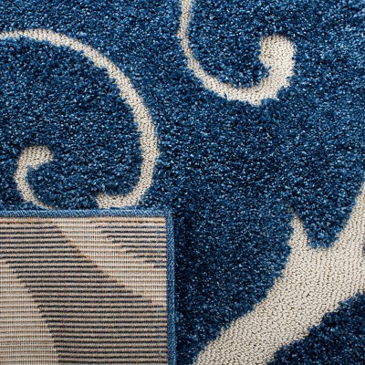 Elegant Dark Blue and Cream Square Synthetic Shag Rug 4' x 4'