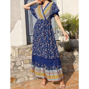 Women's Summer Bohemian Floral Maxi Dress with Short Sleeves, V-Neck, High Waist, and Ruffle Details - 1 of 4