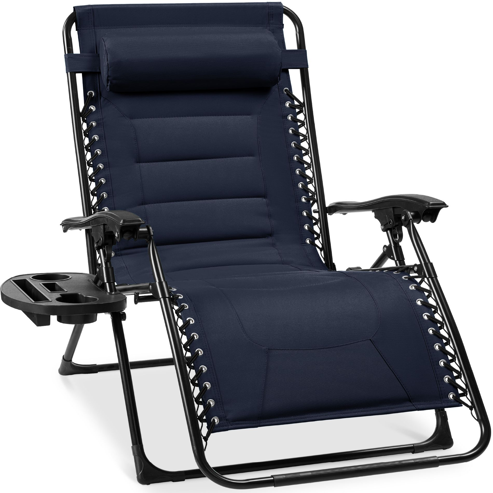 Best Choice Products Oversized Padded Zero Gravity Chair, Folding Outdoor Patio Recliner w/ Side Tray - Navy Blue