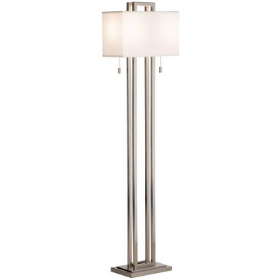 Possini Euro Design Modern Floor Lamp Brushed Nickel Openwork Rectangular Profile Off White Fabric Shade for Living Room Reading