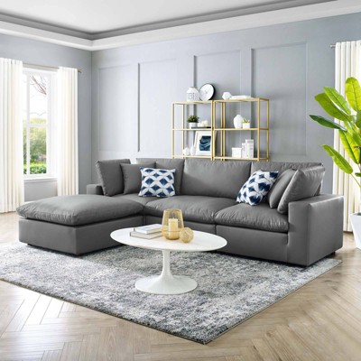 Gray Faux Leather 4-Piece Sectional Sofa with Ottoman and Down Fill