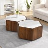 Vynxaria Rustic Retro Hexagonal Coffee Table 2 Hidden Drawers, Textured White Marble Tops, Walnut Oak Finish, for Living Room & Reception Areas - 3 of 4