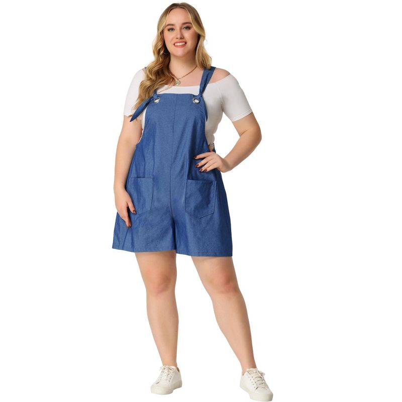 Agnes Orinda Women's Plus Size Chambray Sleeveless Tie Shoulder Cargo Jumpsuits, 3 of 6
