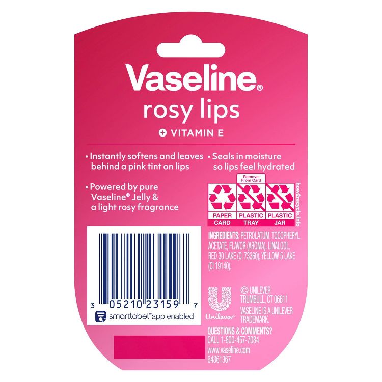 Pink colored packaging for Vaseline rosy lips with Vitamin E, featuring text about moisturizing benefits and ingredients like petrolatum and tocopheryl acetate.