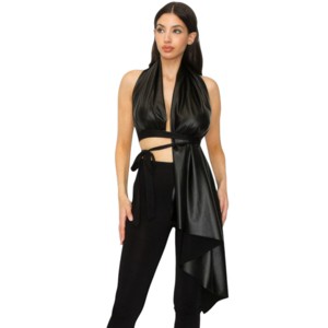 Slickblue Black Faux Leather 2-Piece Set for Women, Adjustable Tie Top and Skinny Pants, Size S-L - 1 of 4