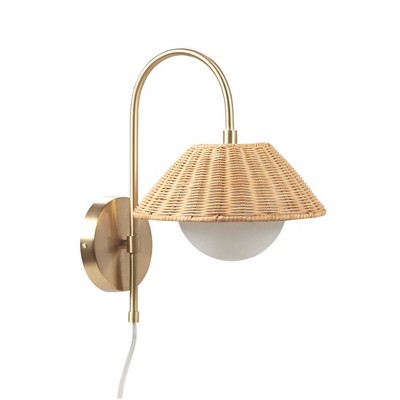 Gold Iron Wall Sconce with Rattan Shade and Frosted Globe