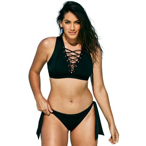 Swimsuits for All Women's Plus Size Lace-Up Bikini Top, 12 - Black