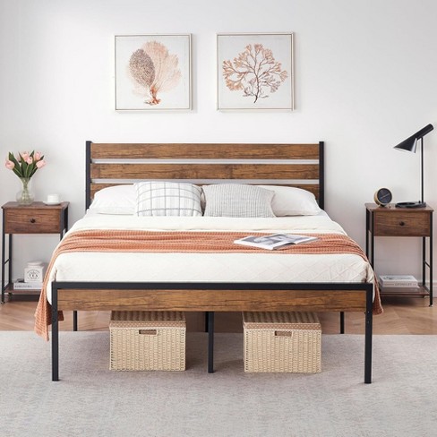 Industrial Platform Queen Bed Frame With Wooden Headboard Metal Slats Easy Assembly Noise free Black Target