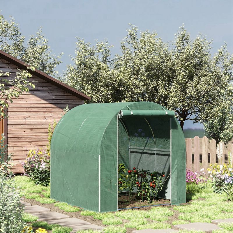 Outsunny 6' x 6' x 6' Tunnel Greenhouse Outdoor Walk-In Hot House with Roll-up Plastic Cover and Zippered Door, Steel Frame, Green, 2 of 7