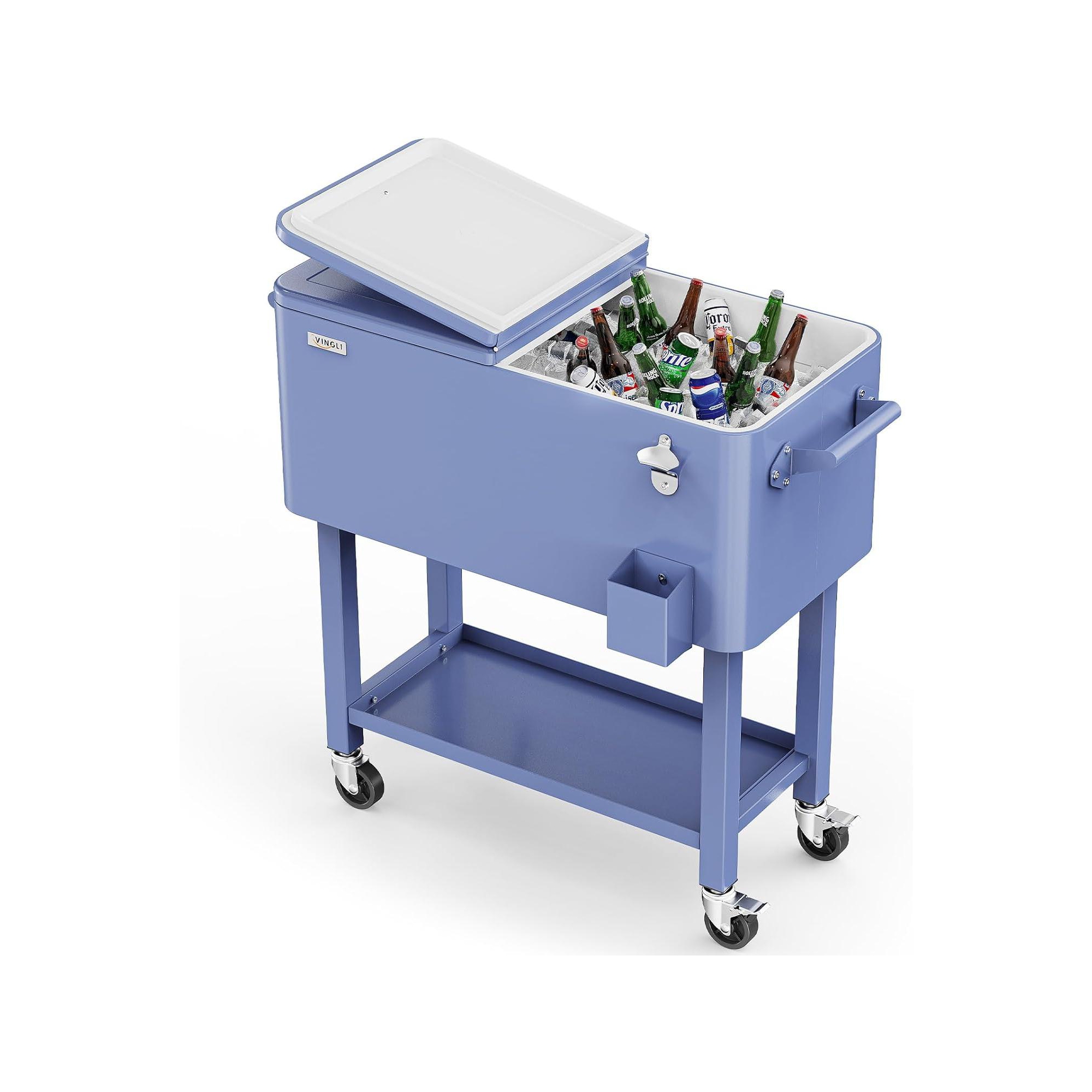 VINGLI 80 Quart Rolling Ice Chest, Portable Patio Party Bar Drink Cooler Cart, with Shelf, Beverage Pool with Bottle Opener