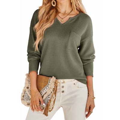 Women's Waffle Knit Solid Color Loose Long Sleeve V-Neck Top with Pocket, Casual Pullover for Daily Wear