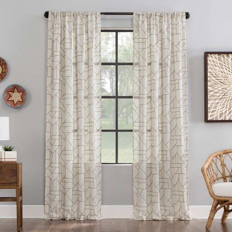 1pc Light Filtering Jigsaw Embroidery Linen Blend Window Curtain Panel - Archaeo, 1 of 12