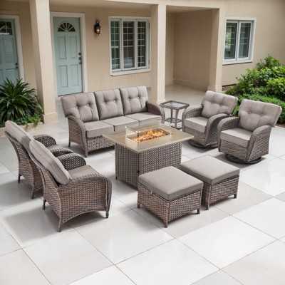 Belord Brown Wicker 9 Piece Patio Furniture Set with 5" Thick Cushions, 41" Propane Fire Pit Table Set with Swivel Glider Chairs and Club Chairs