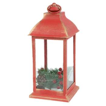 LuxenHome Lighted Christmas Holiday Berry and Pine Cone Rustic Red Lantern