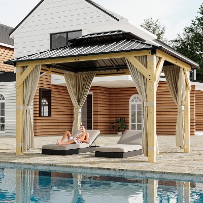 10x12 FT Upgraded Wooden Gazebo, Double Galvanized Steel Hardtop Roof, Outdoor Pavilion with Nettings & Curtains, Ideal for Patio, Garden, Backyard