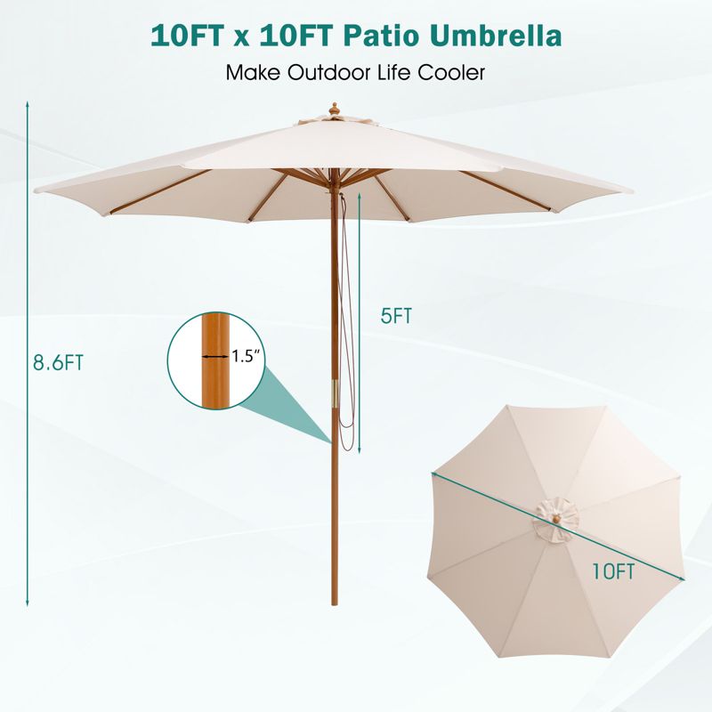 Tangkula 10FT Patio Umbrella Outdoor Table Market Umbrella with 8 Bamboo Ribs Pulley Lift and Ventilation Hole Beige, 4 of 11