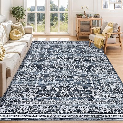 Washable Area Rugs, Soft Low Pile Large Rugs for Living Room Indoor Non-Slip Carpet Vintage Distressed Rugs for Bedroom with Non-Slip Backing