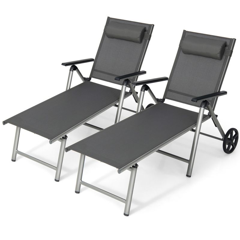 Costway 1PC\2 PCS Folding Chaise Lounge Chair Aluminum Recliner Back Adjust Wheels, 2 of 9