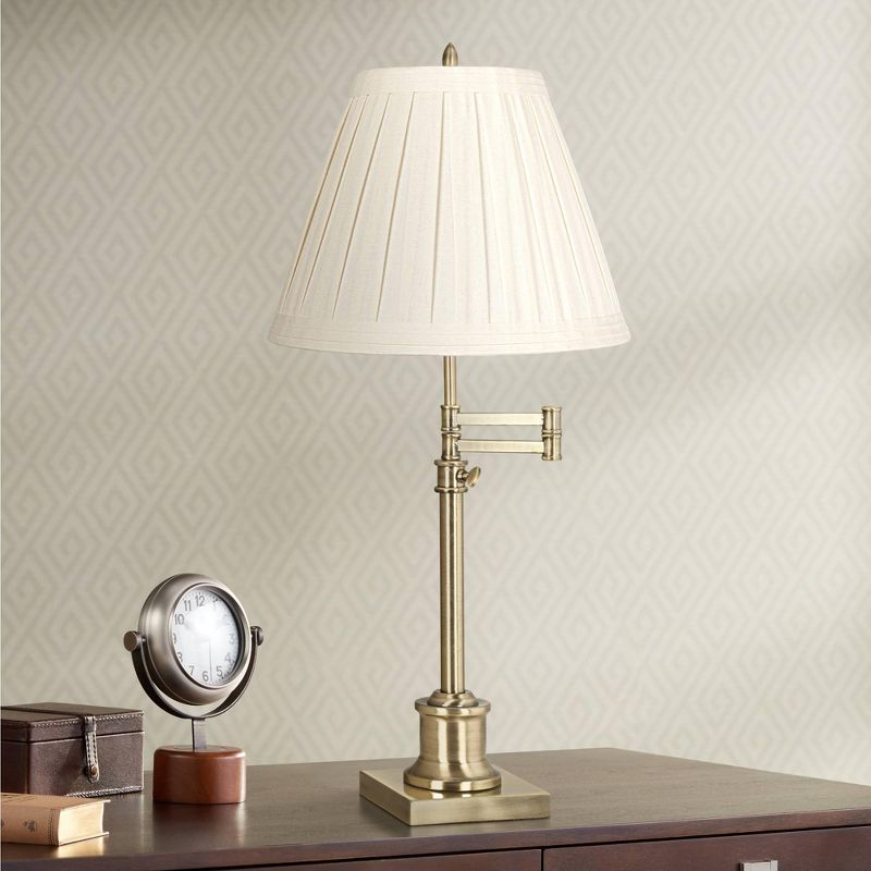 360 Lighting Swing Arm Desk Table Lamp 36" Tall Antique Brass Box Pleated Creme Linen Empire Shade for Living Room Bedroom Office Family, 2 of 4