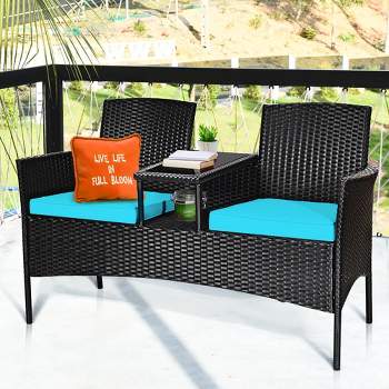 Costway Patio Rattan Conversation Set Seat Sofa Cushioned Loveseat Glass Table Chair Red\Turquoise