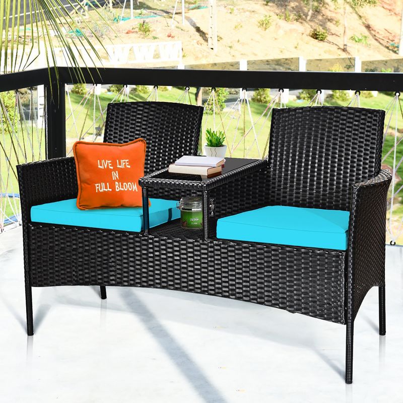 Costway Patio Rattan Conversation Set Seat Sofa Cushioned Loveseat Glass Table Chair Red\Turquoise, 1 of 10
