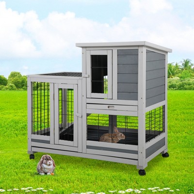DOMETOUR Wooden Rabbit Hutch, Outdoor Pet Bunny House Wooden Cage with Ventilation Gridding Fence, Openable Door, Cleaning Tray, Gray