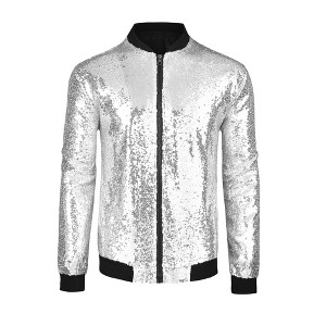 INSPIRE CHIC Men's Sequin Varsity Long Sleeve Zipper Glitter Sequins Bomber Jacket - 1 of 4