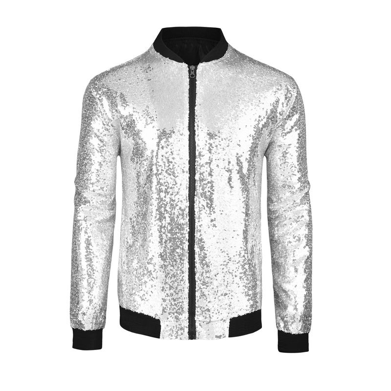 Lars Amadeus Men's Sequin Varsity Long Sleeve Zipper Glitter Sequins Bomber Jacket, 1 of 7