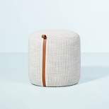 Round Fabric Ottoman with Faux Leather Trim - Cream/Gray Stripes - Hearth & Hand™ with Magnolia