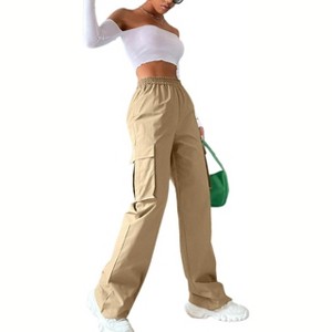 Women's Summer Fall Casual Elastic Waist Wide Leg Straight Cargo Pants Flap Pockets Loose Fit Solid Color Daily Long Trousers - 1 of 4
