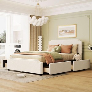 Streamdale Upholstered Platform Bed with Stud Trim Headboard and Footboard and 4 Drawers No Box Spring Needed, Velvet Fabric, Queen Size (Beige) - 1 of 4