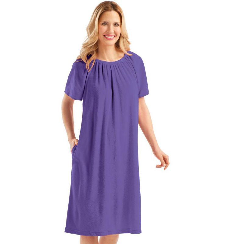 Collections Etc Solid Color Comfort Fit Short-Sleeve Terry Cotton Summer Dress with Side Pockets and Elastic Scooped Neckline, 3 of 4