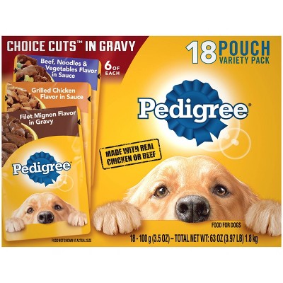 Pedigree Pouch Choice Cuts In Gravy Wet Dog Food Beef, Grilled Chicken & Filet Mignon - 3.5oz/18ct Variety Pack