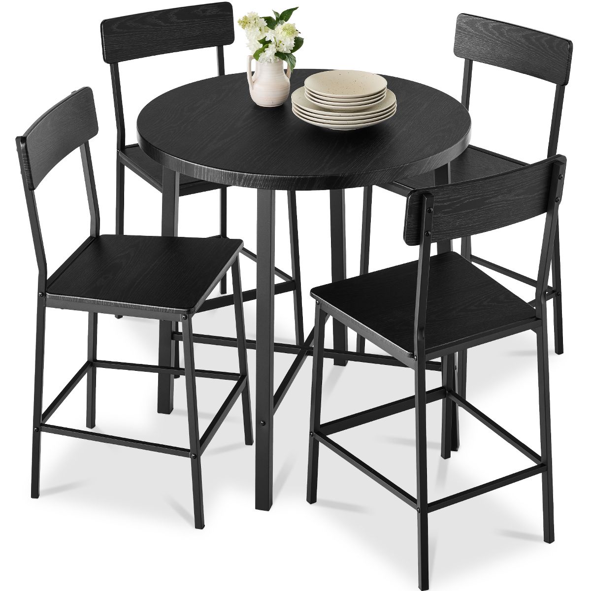 Best Choice Products 5-Piece Modern Round Counter Height Dining Set w/ 4 Chairs, 1.5in Thick Table - Light Brown/Black