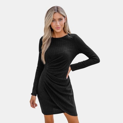 Women's Black Ruched Velvet Long Sleeve Bodycon Mini Dress- Cupshe