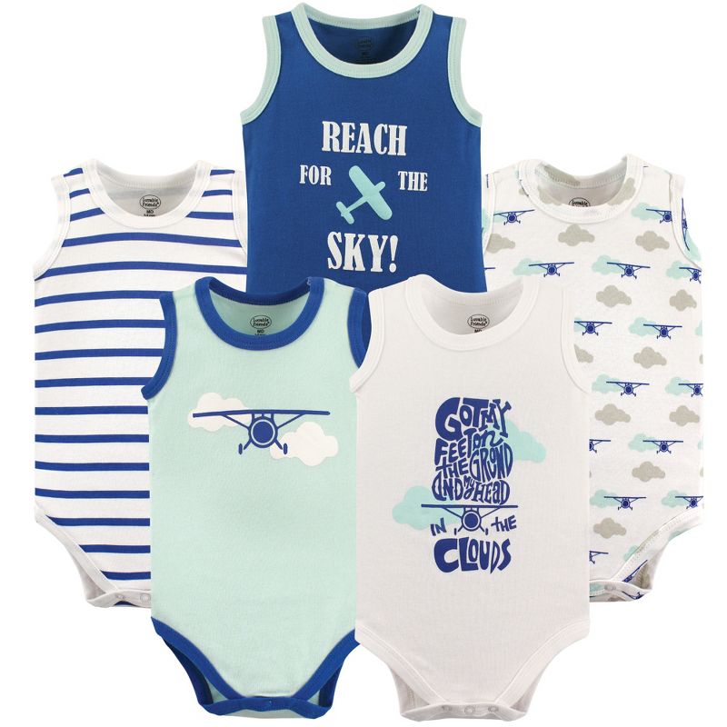Luvable Friends Baby Boy Cotton Sleeveless Bodysuits 5pk, Airplane, 1 of 3