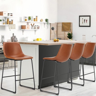 FURNIinspire Counter And Bar Stools Armless Faux Leather Barstools With Metal Legs And Footrest, Dining Chairs For Kitchen, Brown, 20"*19"*39"