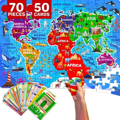 QUOKKA 70 Pieces Jigsaw Puzzles for Kids 4 5 6 Years Old - 400+ Facts on 50 Double-Sided Flashcards | Learn World| Education Activity Gift