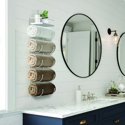 White Wall Mounted Towel Rack with Wooden Shelf