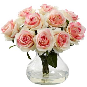 Nearly Natural Rose Arrangement with Vase, Light Pink - 1 of 4